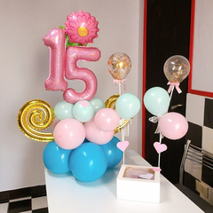 Bouquet pink y aqua con curlys doradas + caja decorada