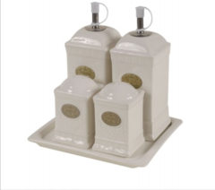 Set aceite, vinagre, sal y pimienta en porcelana