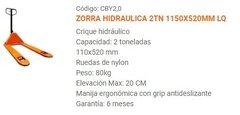 Zorra Hidraulica 2 Toneladas 1150 X 520 Mm Lusqtoff - comprar online