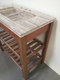 VANITORY 3 AGUJEROS MUEBLE Y MESADA MÁRMOL TRAVERTINO MADERA MACIZA COLOR ROBLE 84 CM X 45 CM - Murr Tienda Online