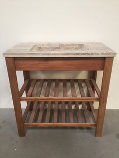 Imagen de VANITORY 3 AGUJEROS MUEBLE Y MESADA MÁRMOL TRAVERTINO MADERA MACIZA COLOR ROBLE 84 CM X 45 CM