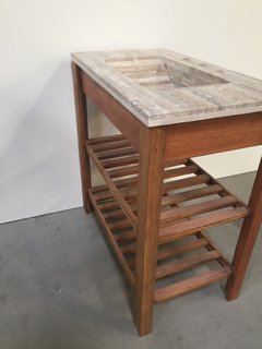 VANITORY 3 AGUJEROS MUEBLE Y MESADA MÁRMOL TRAVERTINO MADERA MACIZA COLOR ROBLE 84 CM X 45 CM