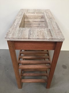 Imagen de VANITORY MONOCOMANDO MUEBLE Y MESADA TRAVERTINO MADERA MACIZA COLOR ROBLE 84 CM X 45 CM