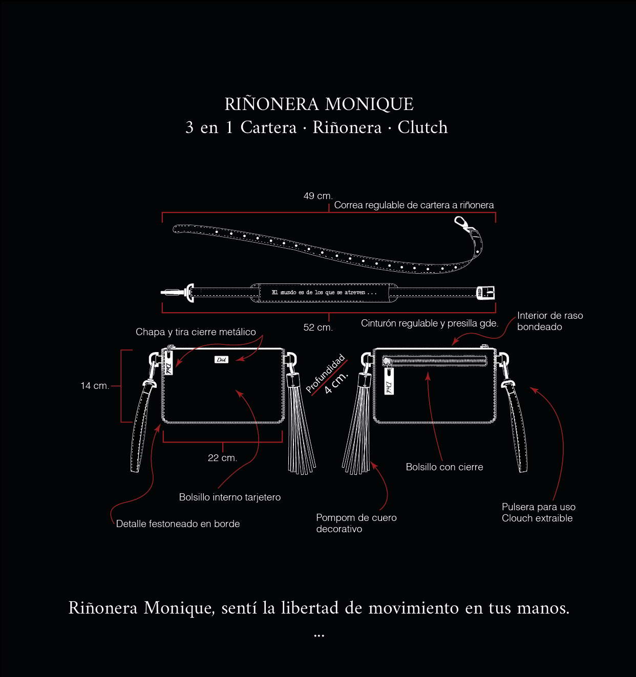 Riñonera 3 en 1 Monique cartera, riñonera y clutch, sentí la libertad de movimiento en tus manos, Drid ficha técnica