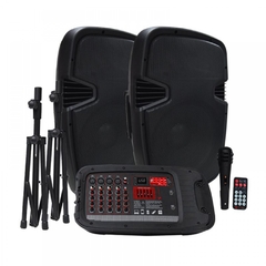 PAK-8010D VMR , Combo Consola Potenciada 4 Ch. rep. Mp3 SD y bluetooth ,2 Bafles 2 Tripodes 2 mics Mics. remoto y cables , nuevo en caja. Garantía oficial