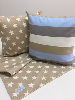 KIT BEIGE, CELESTE, GRIS Y BLANCO ESTRELLAS Y RAYA
