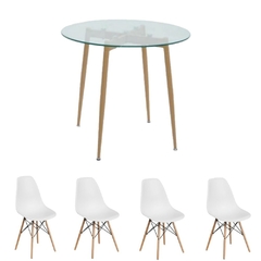 Mesa Tulip Vidrio 1 Metro + 4 Sillas Eames Blancas