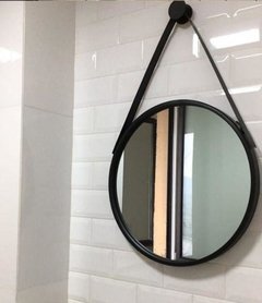 Espelho Redondo Com Alça de Couro Preto & Caramelo