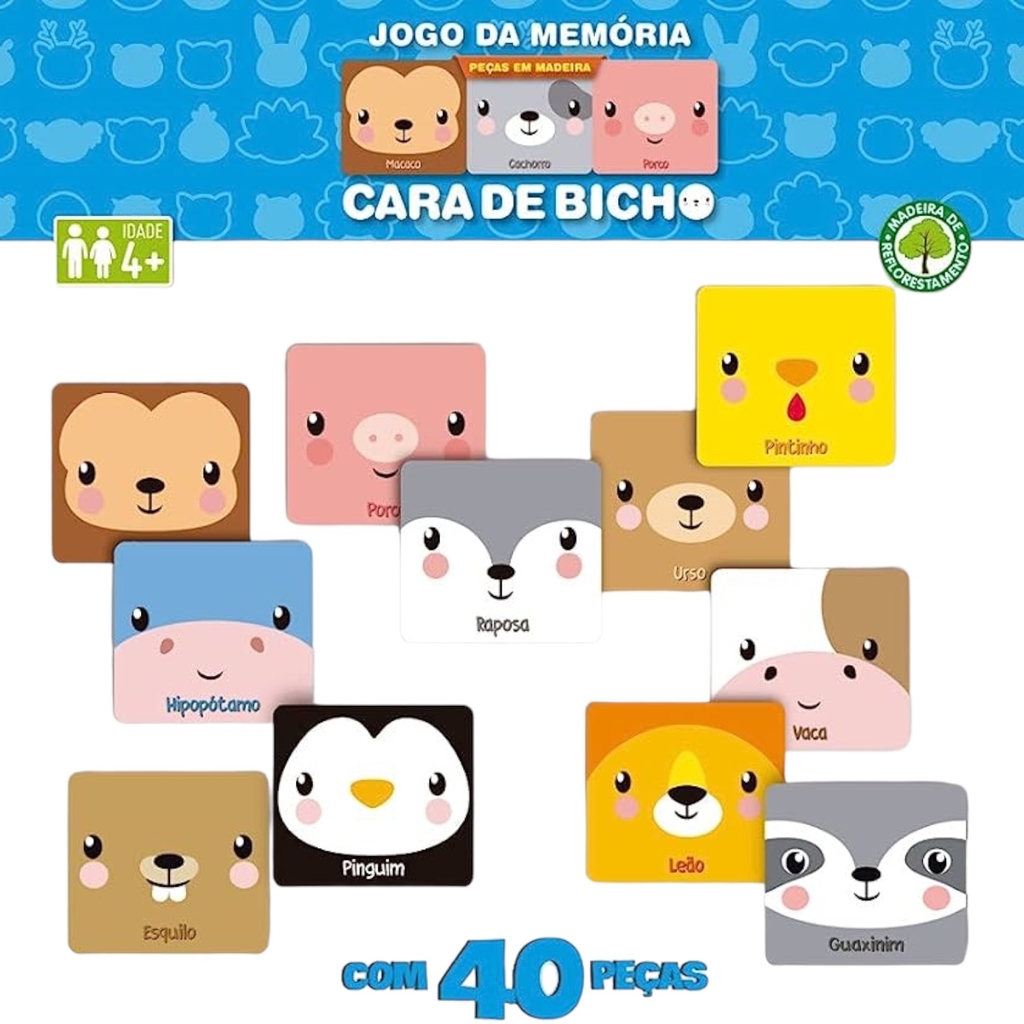 Jogo Da Memória Infantil Cara De Bicho Bichinho Animal 40pçs