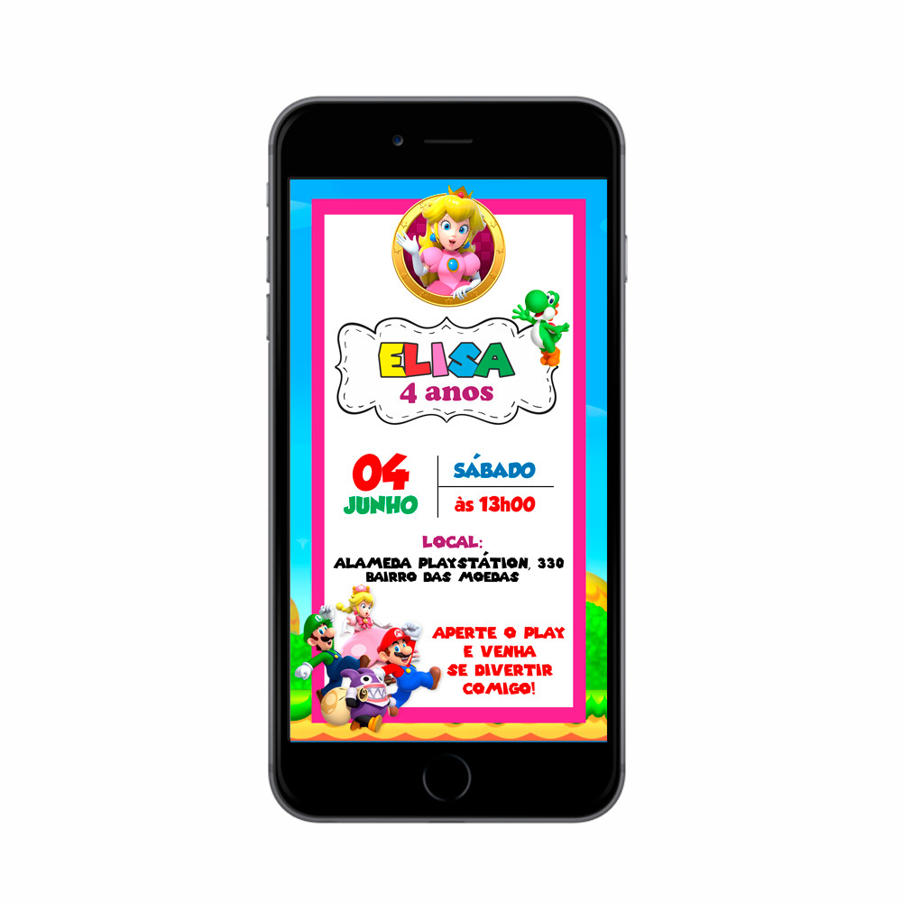 Convite Super Mario Princesa Peach Interativo Digital Virtual