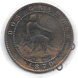 MONEDA DE ESPAÑA , 2 CENTAVOS , AÑO 1870