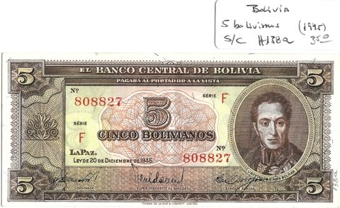 BOLIVIA 1945, 5 BOLIVIANOS, S.C