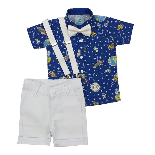 Roupa do Astronauta menino, camisa, gravata, bermuda e suspensório festa