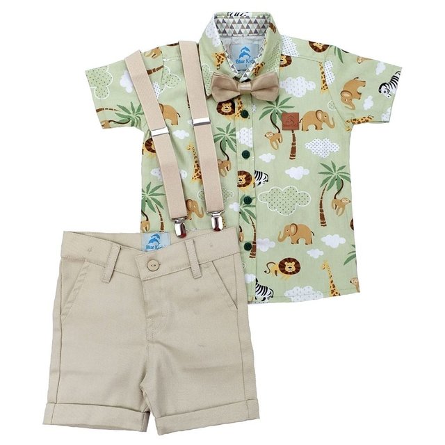  look roupa safari conjunto masculino infantil mesversario com camisa social manga curta + short + suspensorio