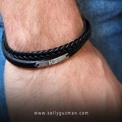 2 Pulseras en cuero con placa personalizada en plata - comprar online