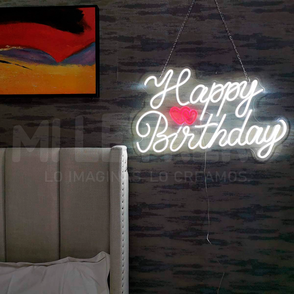 Letrero Luminoso Neon Led Happy Birthday Blanco Flexible