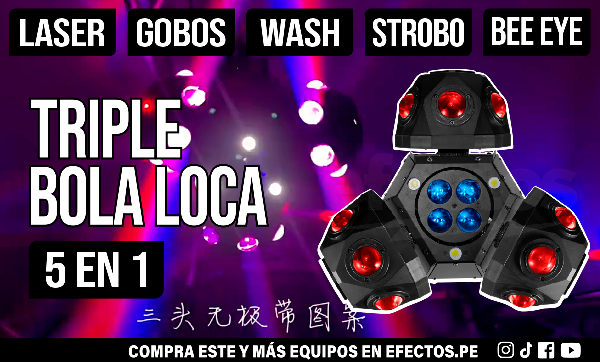 Triple Bola Loca 5 en 1 LED Láser Gobos Wash Cortadora Bee Eye para Disco