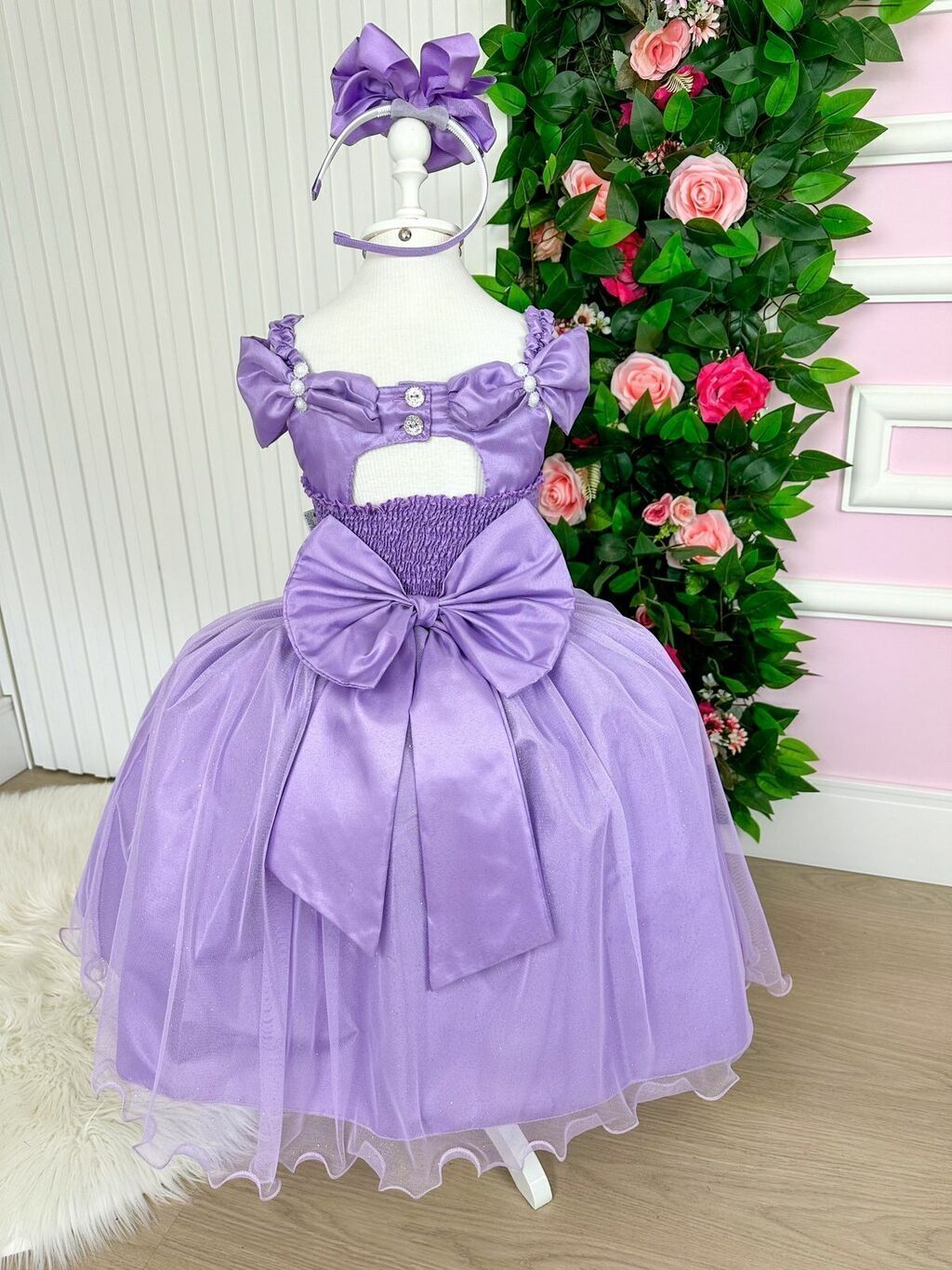 VESTIDO INFANTIL LILÁS C/ CINTO DE PÉROLAS CASAMENTO LUXO