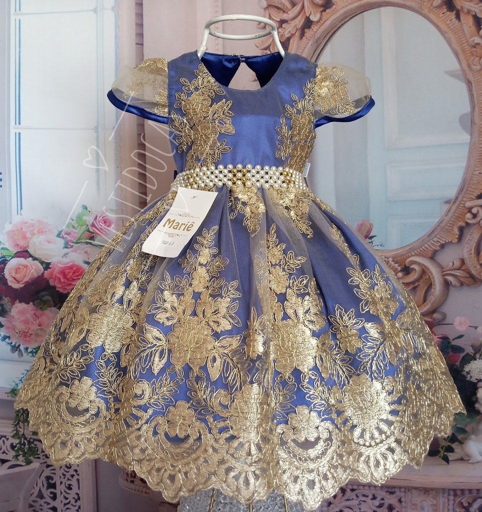 Vestido festa infantil da Cinderela azul com detalhes amarelo