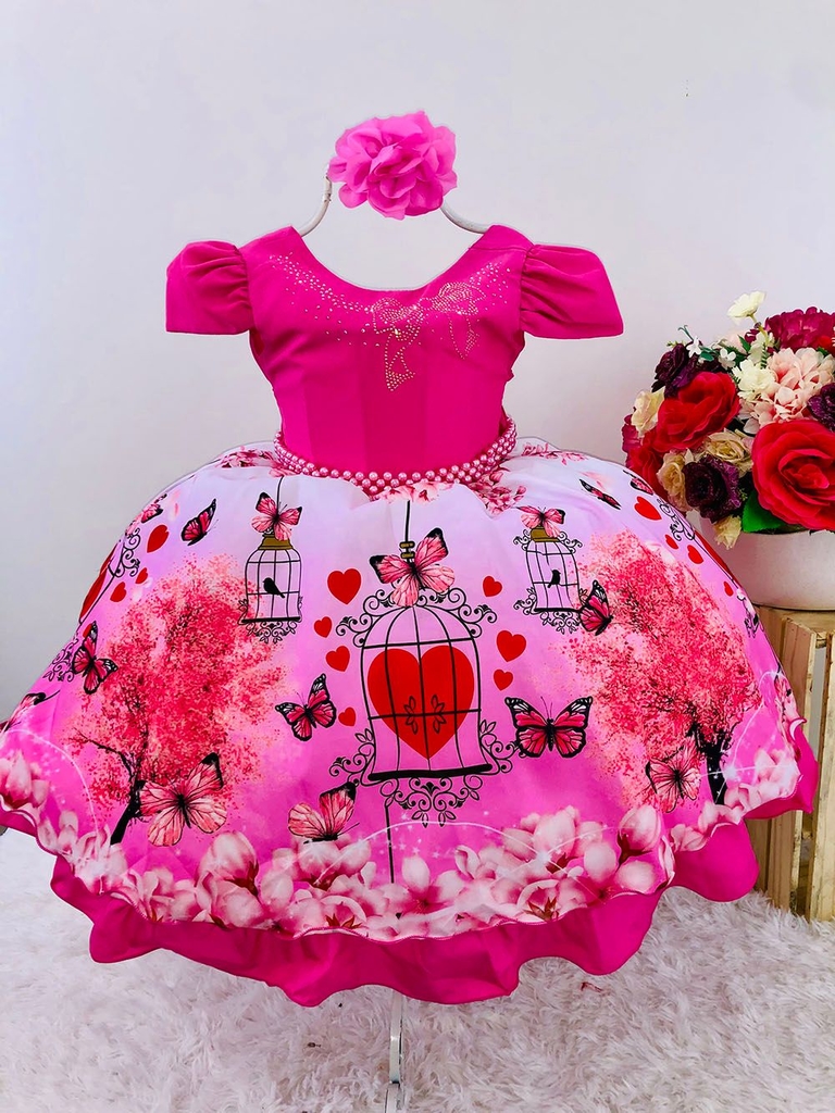 Vestido infantil Princesa Jardim Encantado Rosa c/ borboleta