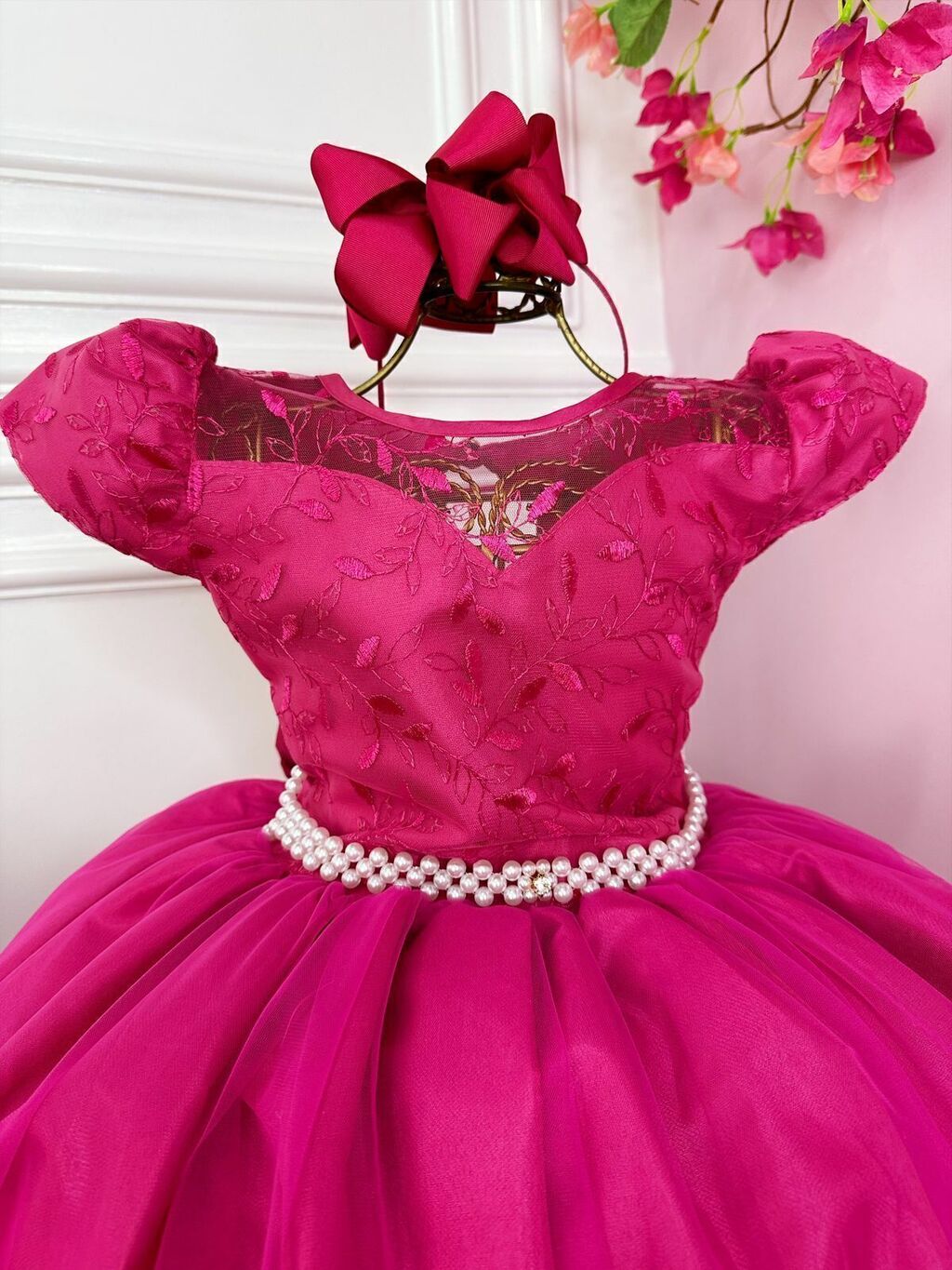 Vestido Infantil Vermelho Realeza Renda Luxo Festa Princesa - Rosa
