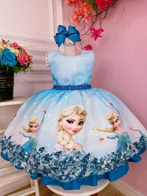 Vestido Infantil Frozen Azul C/ Cinto Pérolas Luxo Princesas