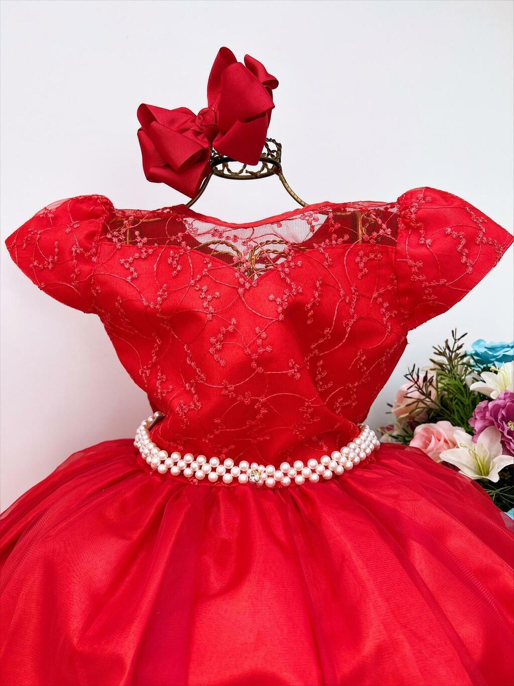 Vestido Infantil Dama Honra Vermelho Casamentos Renda Pérola