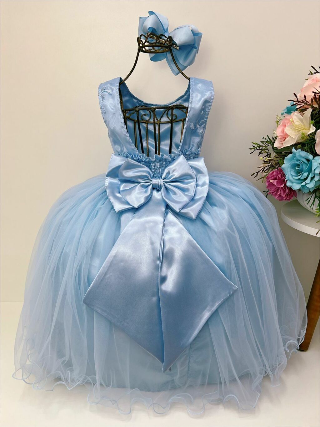 VESTIDO INFANTIL CINDERELA PRINCESA AZUL C/ RENDA E PÉROLAS