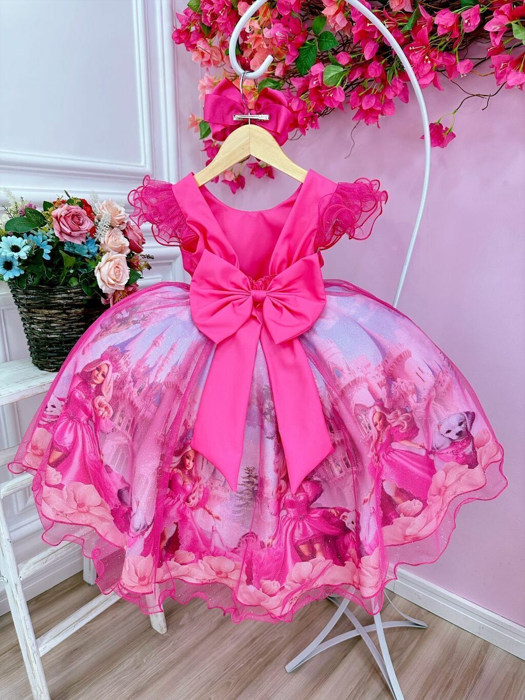 Vestido Infantil Barbie Rosa Glitter