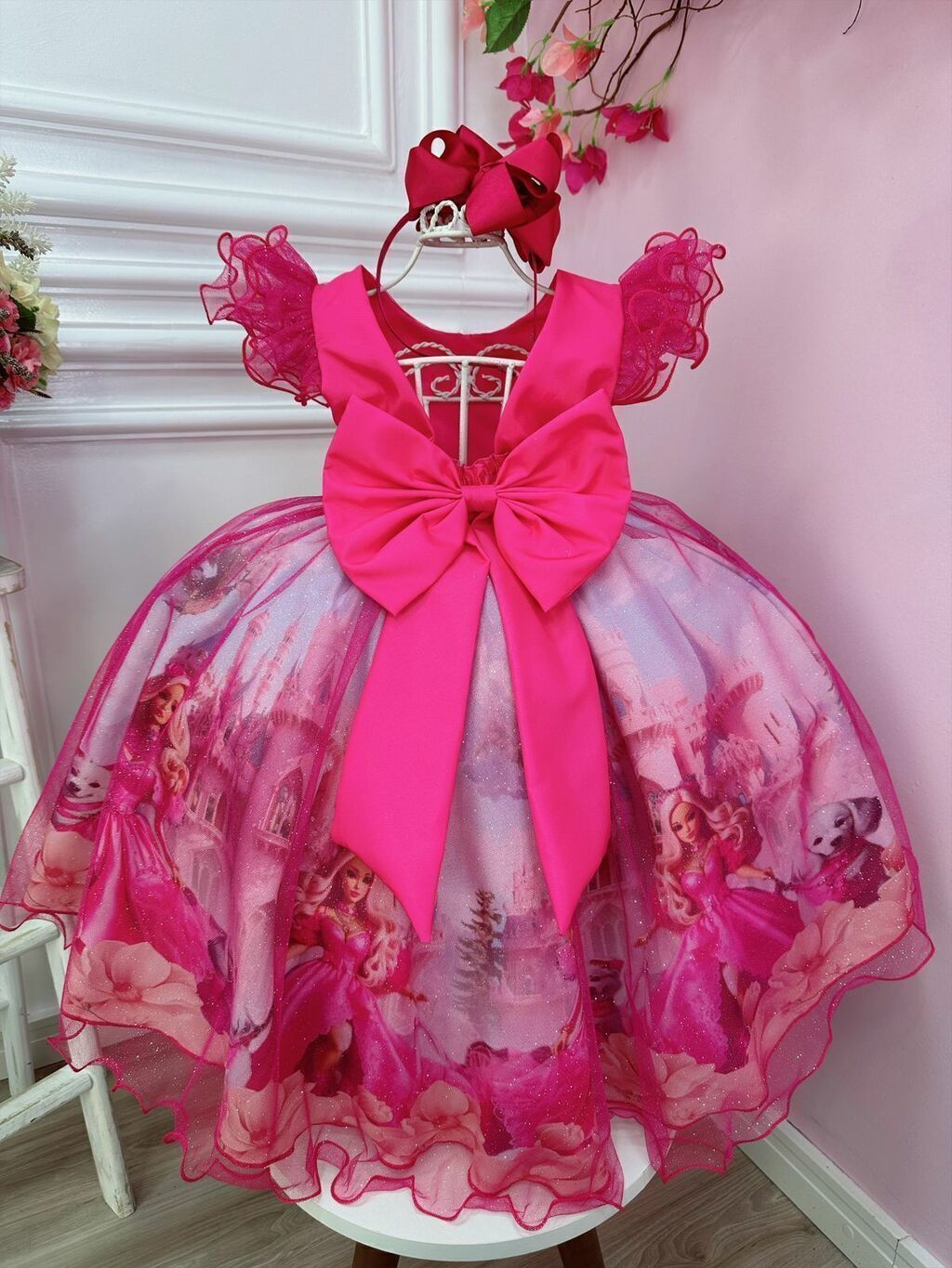 Vestido Infantil Princesa Barbie Com Laço e Glitter