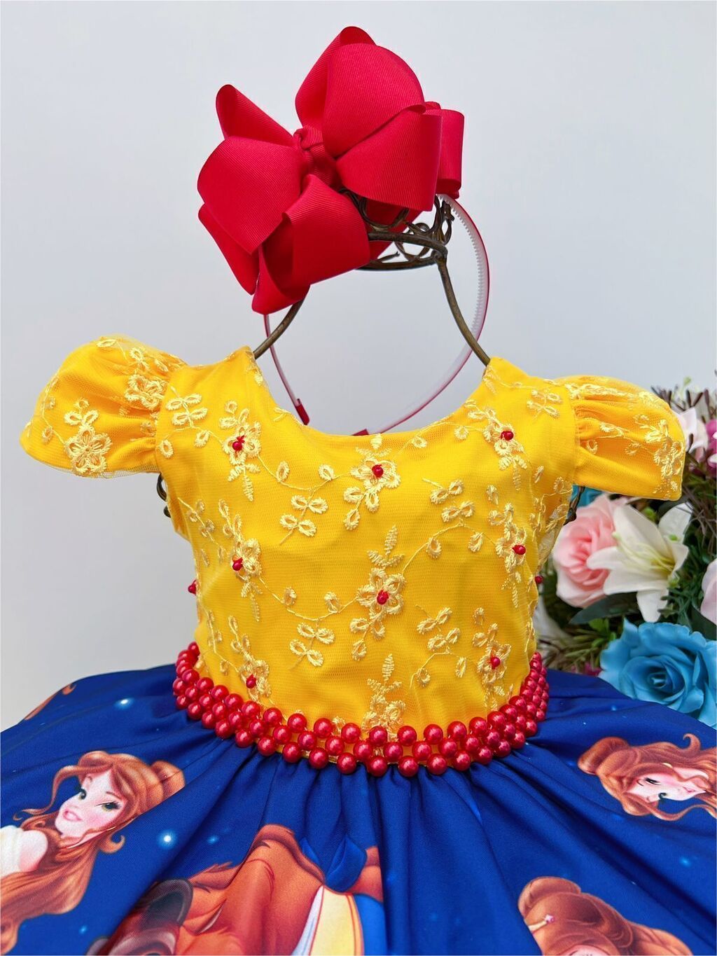 Vestido Festa Infantil Da Cinderela Azul Com Detalhes Amarelo