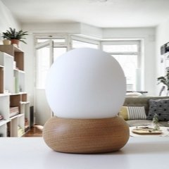 Lampara de mesa / escritorio 1 luz E27 de diseño minimalista cuerpo de madera y tulipa esferica de cristal opal satinado OBL.5 - Luz y Forma