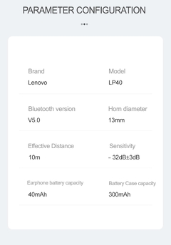 Lenovo-novo fone de ouvido sem fio lp40 tws original, bluetooth 5.0, redução de ruído, som estéreo, controle de toque, bateria de 300mah - EnergyOne Solutions