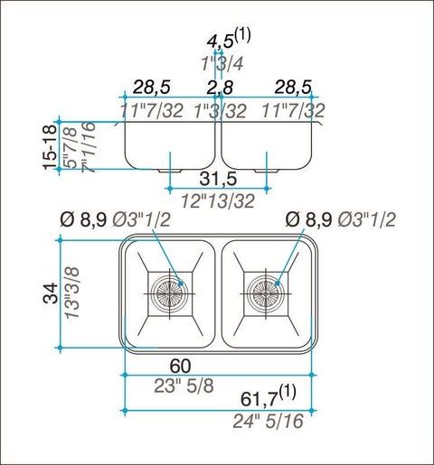 PILETA DOBLE C28 JOHNSON 59,8X34X15CM ACERO INOX 304 - comprar online