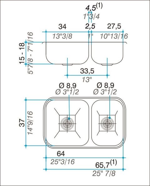 PILETA DOBLE R63 JOHNSON 63,8X37X15CM ACERO INOX 304 - comprar online