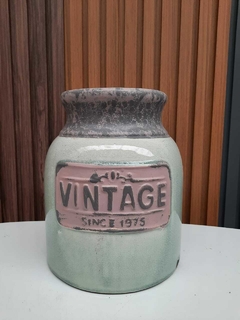 Jarron Florero Ceramica Verde Aqua Inscripcion Vintage - comprar online
