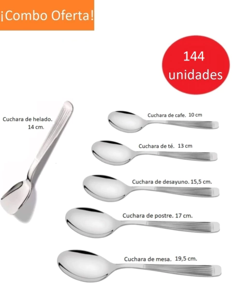 Set 144 cucharas de mesa postre desayuno te cafe y helado acero inoxidable
