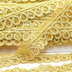 Galon Tull, bordado con lentejuela, color Dorado