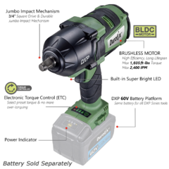 LLAVE DE IMPACTO 3/4" 60V CORDLESS 1605 FT/LBS DUROFIX / ACDELCO - AYR Tools