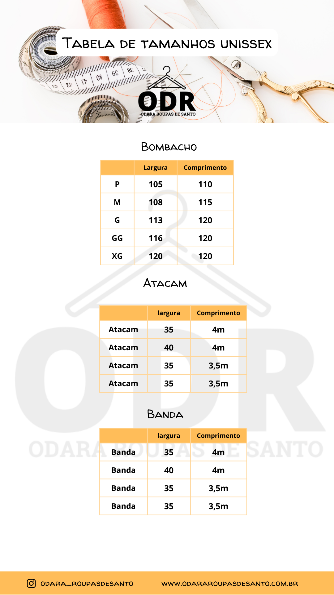 tabela de medidas Odara Roupas de Santo