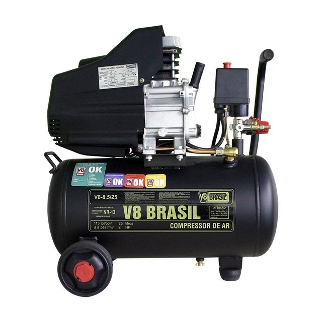 Compressor Ar 25 Litros 8,5 Pés 2 Hp Monofásico V8Brasil
