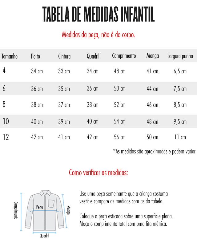 tabela medidas camisa infantil