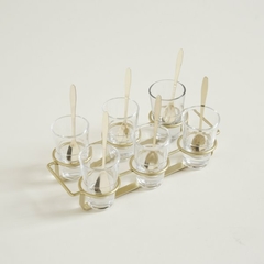 SET X 6 COPETINEROS DE VIDRIO CON CUCHARA Y RACK DE METAL 26X14 en internet