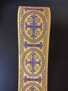 GALON LITURGICO DORADO CON VIOLETA 6 CM ANCHO. PRECIO X 1 METRO
