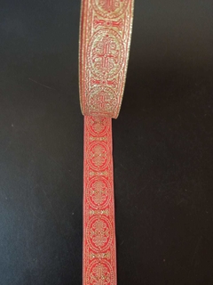 GALON LITURGICO DORADO CON ROJO 2 CM ANCHO. PRECIO X 1 METRO