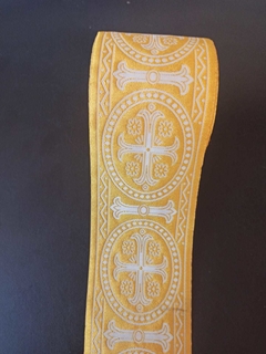 GALON LITURGICO AMARILLO CON BLANCO 6 CM ANCHO. PRECIO X 1 METRO