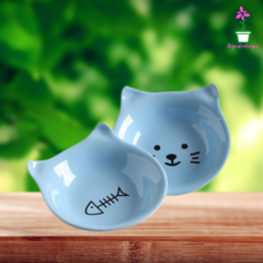 Comedouro Pratinho para Gatos Porcelana Azul desenho Gatinho Pet Cerâmica Burguina
