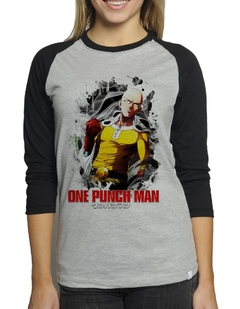 Camiseta One Punch Man Saitama Raglan Mescla Babylook 3/4