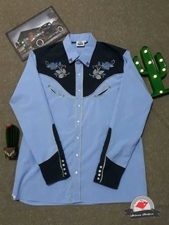 Camisa Western Bordado Flores e Strass Masculina - manga longa