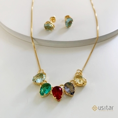 CONJUNTO DE GARGANTILA GOTAS DE PEDRARIA COLORIDA CELEBRAR - CONJ587D
